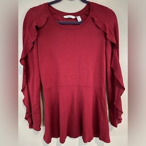 Isaac Mizrahi ruffle sleeve peplum top size XXS (QVC sizing) wine color.